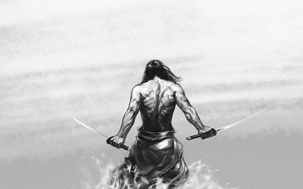 A striking fantasy samurai stands with two swords, facing a serene horizon, showcasing power and determination. This HD desktop wallpaper captures an epic moment in a dramatic black and white style.