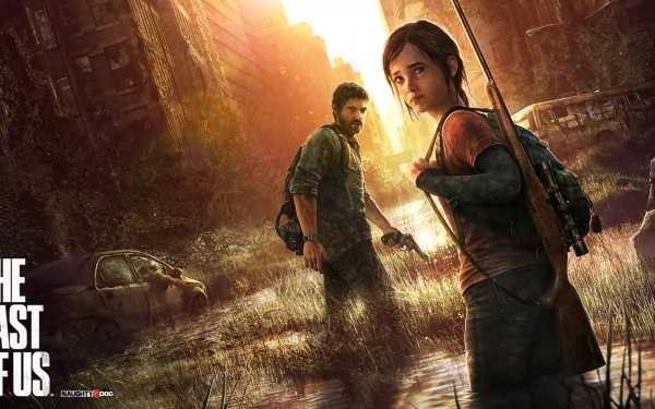 HD desktop wallpaper and background featuring characters from the video game The Last Of Us navigating a post-apocalyptic urban landscape, with overgrown vegetation and abandoned vehicles.
