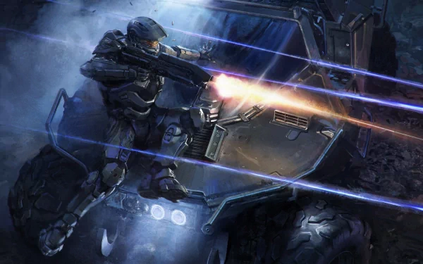 HD wallpaper of Master Chief from the Halo video game series. He is armed and shooting from a vehicle, surrounded by dynamic energy blasts and a gritty, battle-scarred environment.