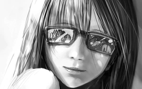 A striking anime woman with long hair and stylish sunglasses, captured in a black and white aesthetic, making a captivating HD desktop wallpaper and background.