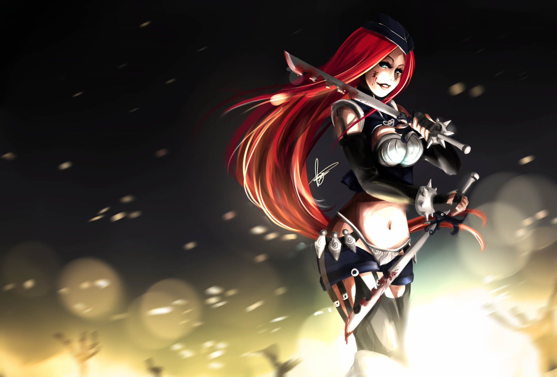 HD PC desktop wallpaper featuring Katarina, a character from the video game League of Legends, depicted with her signature red hair and dual blades.