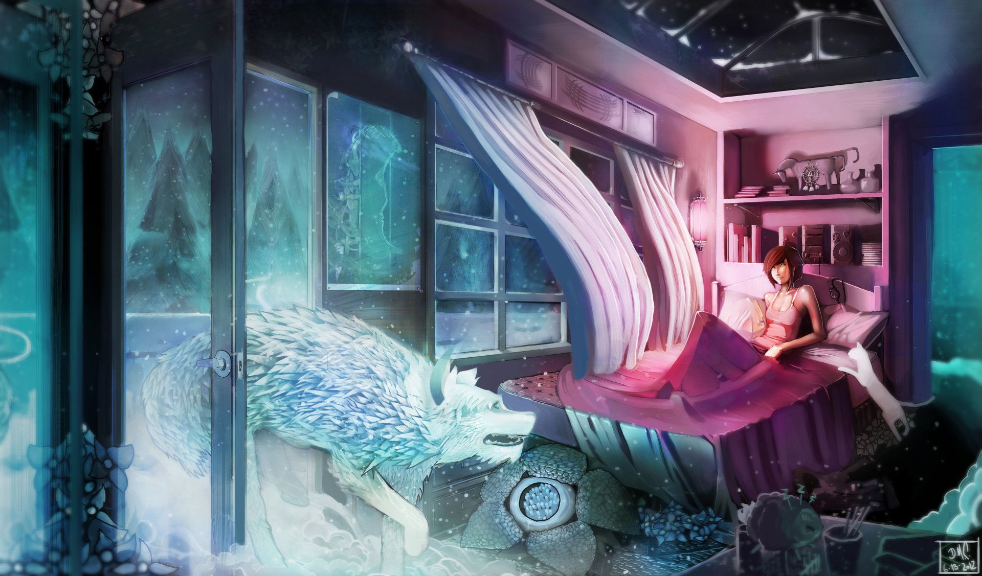 Anime-style original 4K Ultra HD desktop wallpaper featuring a girl reading in bed with a glowing, ethereal wolf approaching through the window in a cozy, dimly lit room.