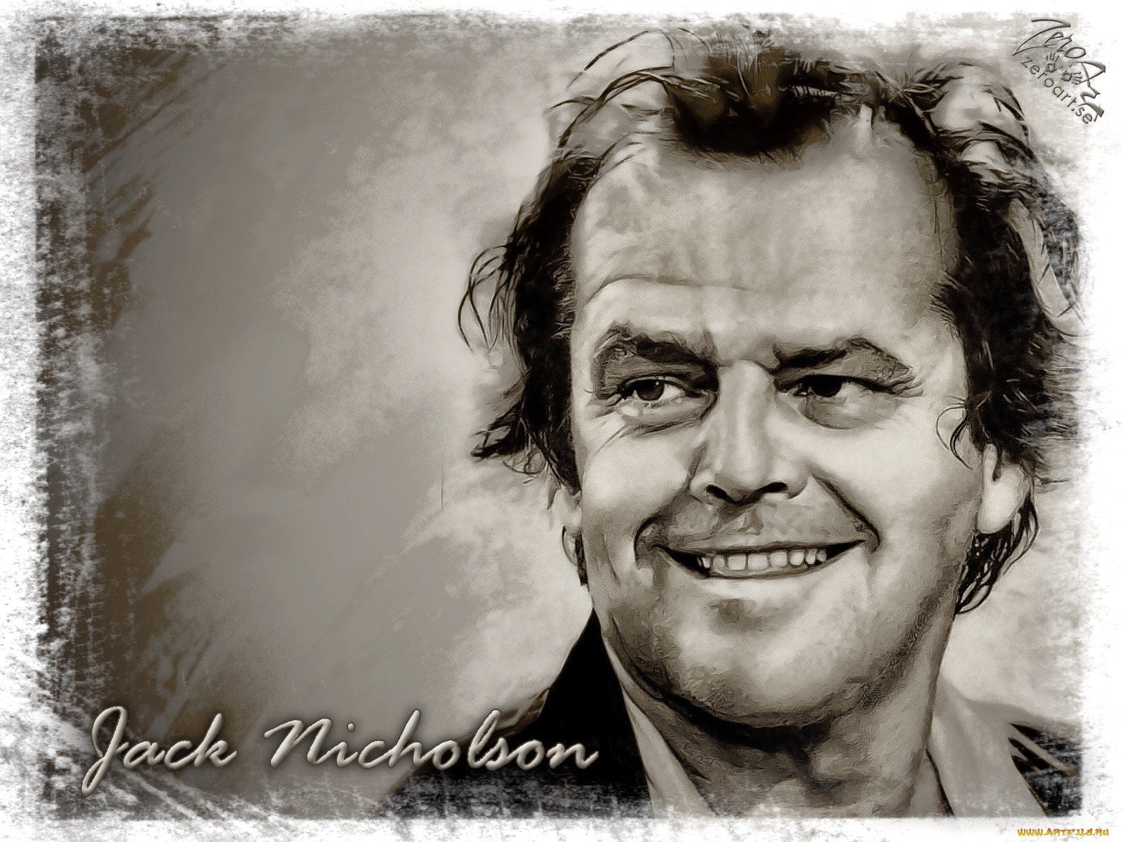 HD desktop wallpaper featuring a detailed black-and-white portrait of celebrity Jack Nicholson with a subtle smile and textured background.