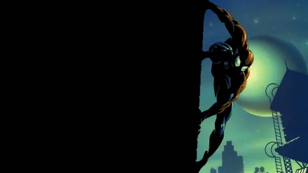 HD comic-style Spider-Man in black suit clinging to a dark wall with a city skyline and full moon in the background, designed as a PC desktop wallpaper.