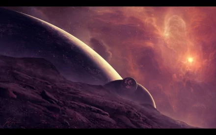 2K Quad HD sci-fi planetscape PC desktop wallpaper: rocky alien foreground, a ringed planet and moon rising beneath an orange-pink nebula and distant glowing star.