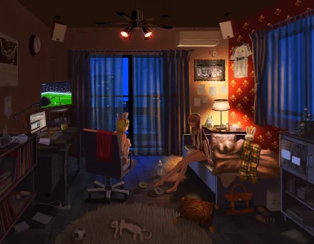 A cozy anime-inspired room at night featuring Luka Megurine and Rin Kagamine, with a desk and TV, illuminated by warm light and reflecting a vibrant evening atmosphere.