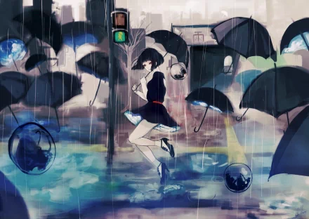 A vibrant anime scene featuring a girl in a black dress running through a rainy city, surrounded by colorful umbrellas and a traffic light, serving as an engaging HD PC desktop wallpaper.