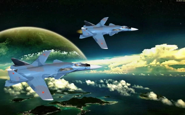 Two military jet aircraft soar through a vibrant sky, with a distant planet and clouds visible in the background, creating an engaging HD desktop wallpaper scene.