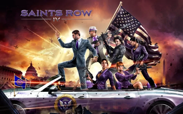 A dynamic HD wallpaper from Saints Row IV featuring the main character and crew posed confidently in a convertible, with an urban backdrop and an American flag.