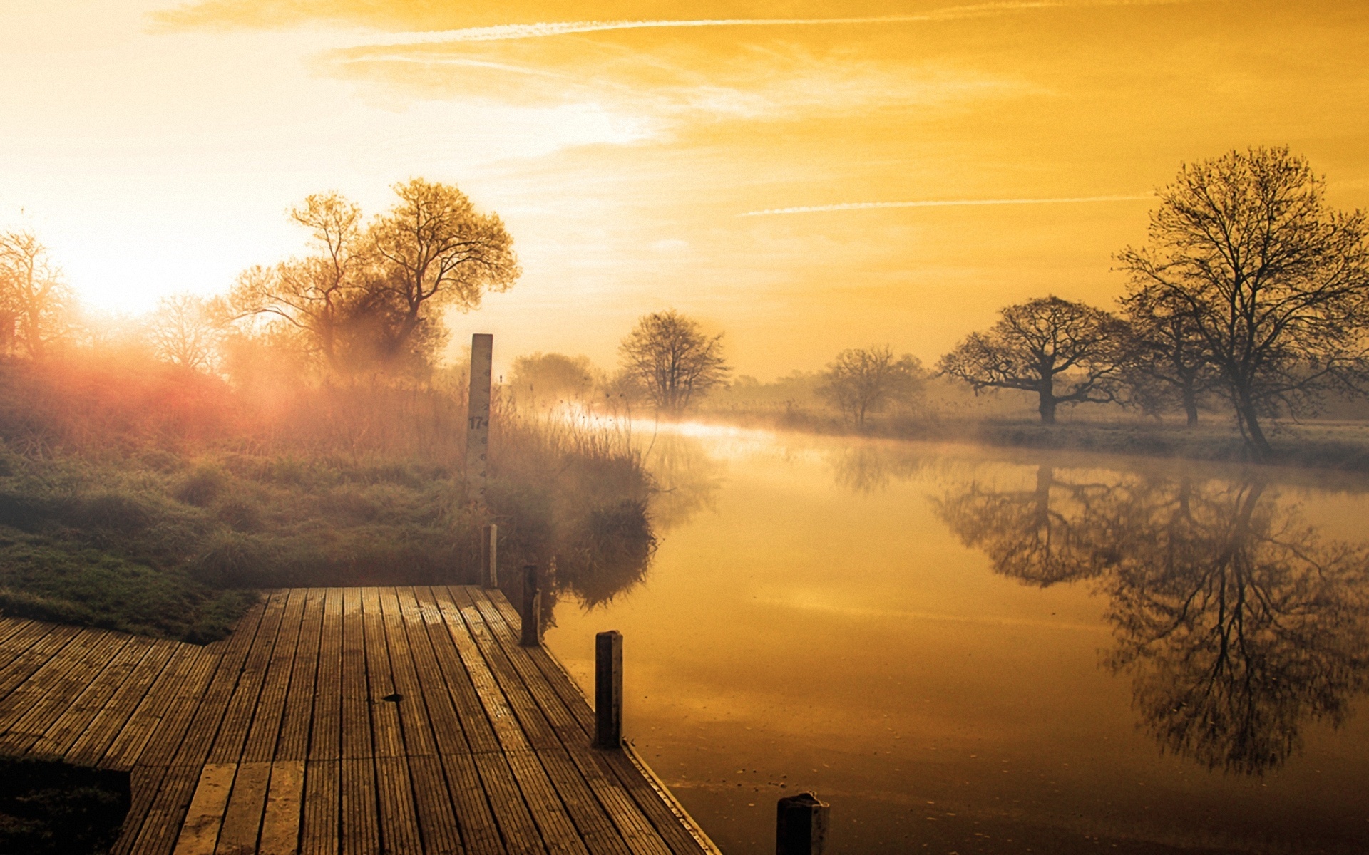 Golden River Mist: Serene Nature at Dawn HD Wallpaper