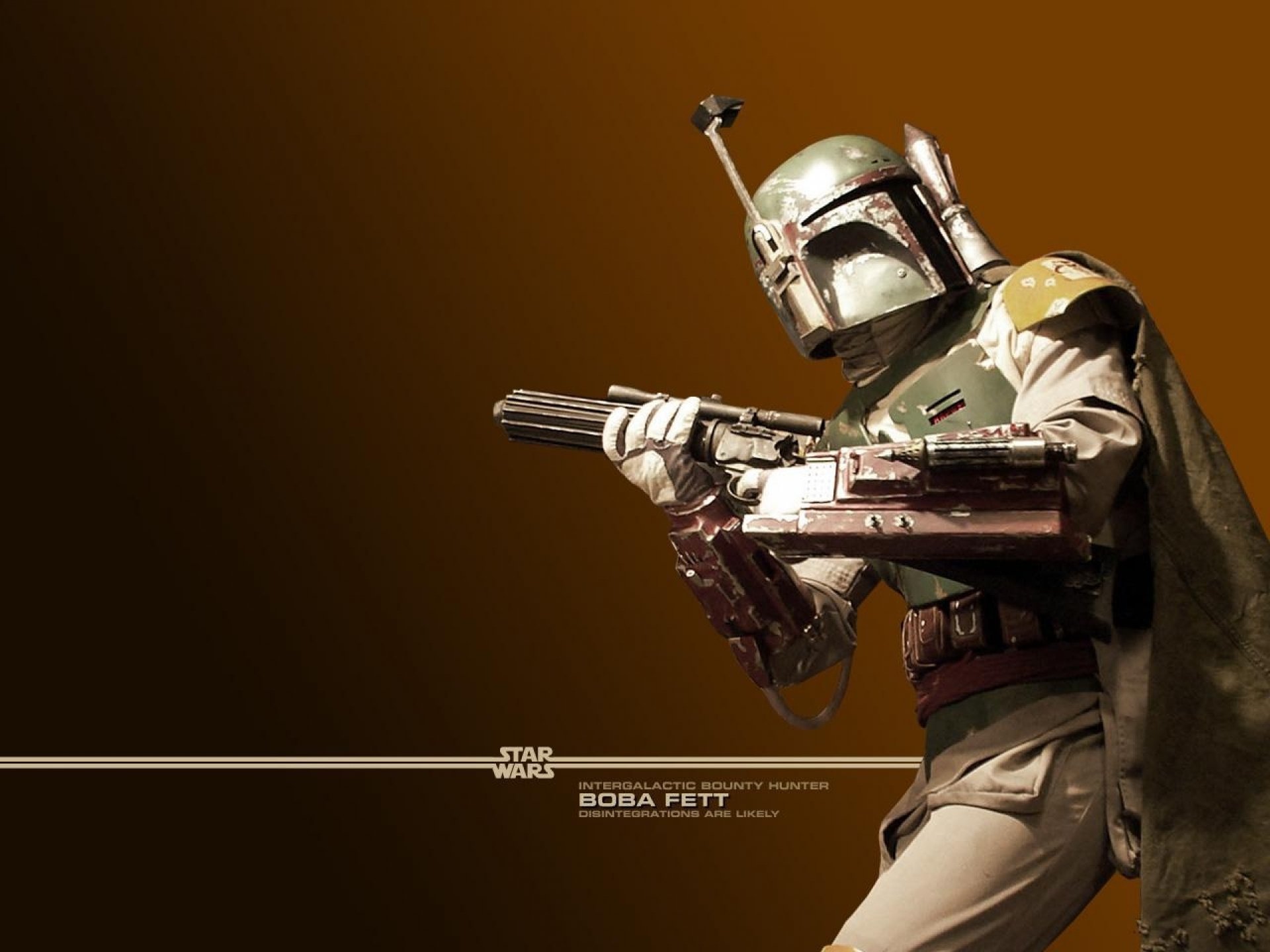 Boba Fett stands ready with a weapon in this HD Star Wars wallpaper, showcasing the iconic bounty hunter against a rich, warm background.