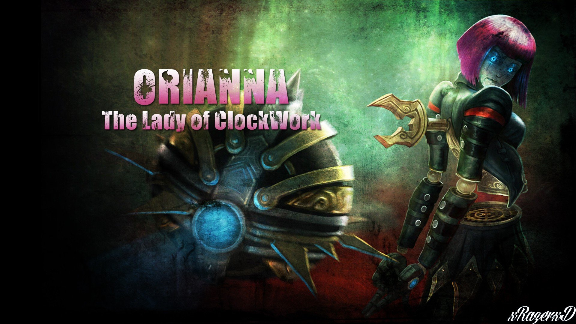 HD PC desktop wallpaper featuring Orianna, The Lady of Clockwork, from the video game League of Legends with a glowing mechanical background.