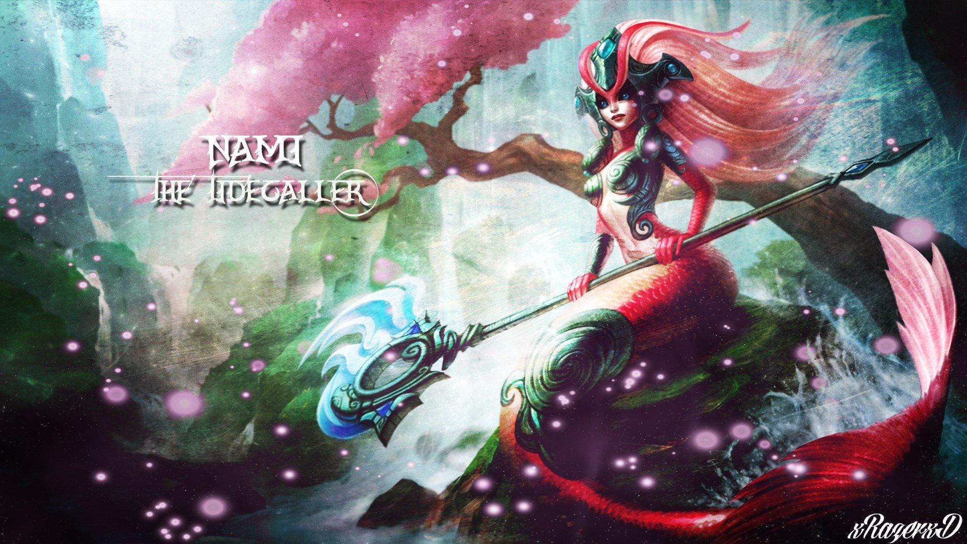 HD desktop wallpaper featuring Nami, The Tidecaller, a character from the video game League of Legends, depicted with a trident amid an ethereal, watery landscape.