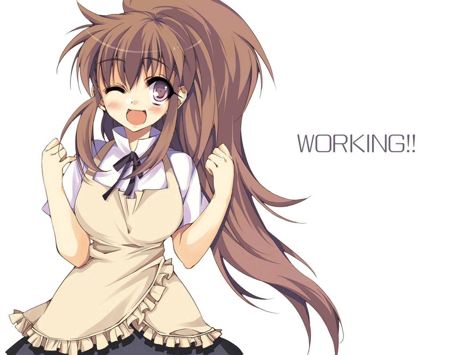 HD anime desktop wallpaper featuring a cheerful girl with long brown hair and an apron from the series Working!!, set against a white background with the title text.