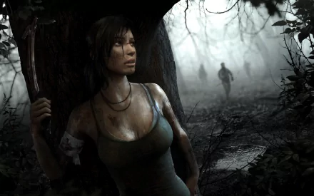 HD PC desktop wallpaper featuring Lara Croft from the 2013 video game Tomb Raider, set in a dark, misty forest with a shadowy figure in the background.