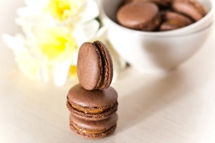 A stack of chocolate macarons sits in front of a bowl filled with more, accompanied by delicate flowers, creating an enticing dessert wallpaper for your desktop.