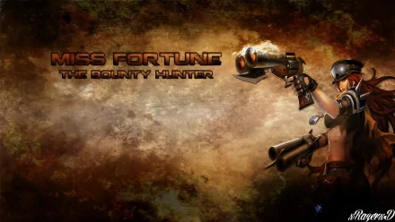 HD PC desktop wallpaper of Miss Fortune from the video game League of Legends — The Bounty Hunter firing dual pistols against a smoky, grunge background.