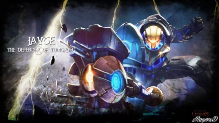 Digital artwork featuring Jayce from League of Legends, showcasing his powerful stance and mechanical arm against a dramatic background, designed as a high-definition PC wallpaper.