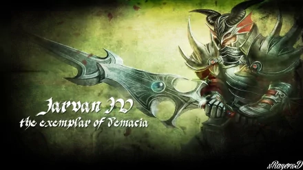 An HD wallpaper featuring Jarvan IV, the Exemplar of Demacia, from League of Legends, showcasing his iconic armor and weapon against a dramatic green backdrop.