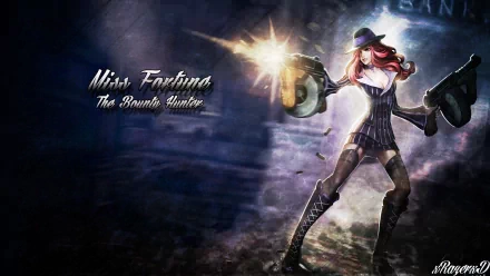 Miss Fortune (League of Legends) fires twin pistols amid smoke and sparks — HD PC desktop wallpaper/background showing the video game champion and logo.