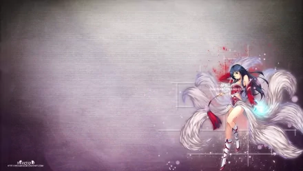 HD PC desktop wallpaper featuring Ahri from the video game League of Legends, showcasing her iconic nine tails and magical energy against a textured background.