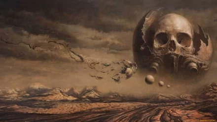 HD desktop wallpaper depicting a dark, surreal landscape with a giant skull emerging from the horizon, surrounded by desolate, rocky terrain under a stormy sky.