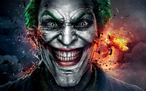 High-definition PC desktop wallpaper featuring the Joker from the video game Injustice: Gods Among Us, showcasing his iconic grin against a backdrop of chaos and explosions.