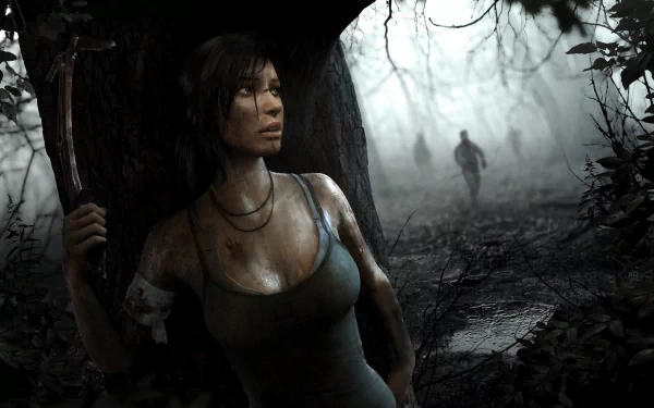 HD PC desktop wallpaper featuring Lara Croft from the 2013 video game Tomb Raider, set in a dark, misty forest with a shadowy figure in the background.