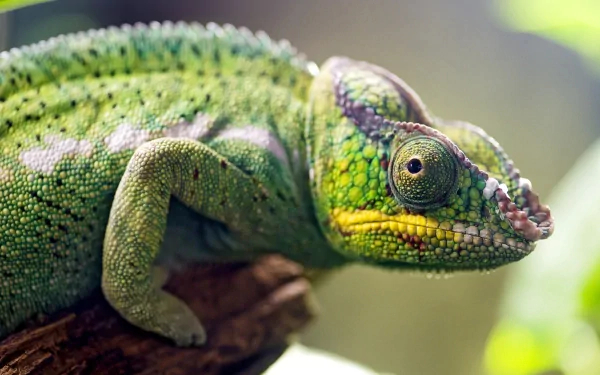 A vibrant chameleon rests on a branch, showcasing its vivid green and textured skin, making this HD wallpaper an eye-catching background for any desktop.