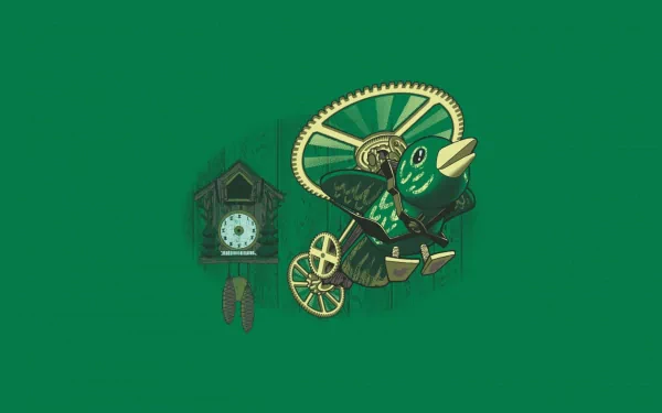 Funny, fun art 2K Quad HD PC desktop wallpaper: whimsical clockwork cuckoo bird with gears popping from a cuckoo clock against a solid green background.