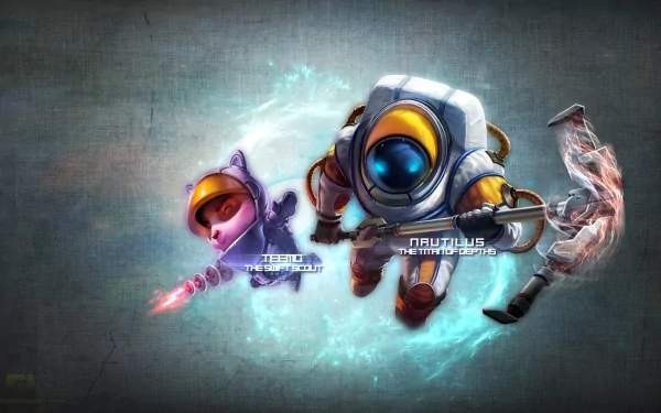 HD PC desktop wallpaper featuring Nautilus and Teemo from the video game League of Legends in dynamic, action-packed poses against a dark textured background.