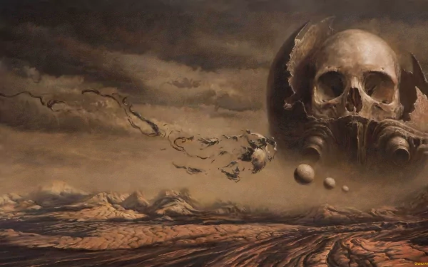 HD desktop wallpaper depicting a dark, surreal landscape with a giant skull emerging from the horizon, surrounded by desolate, rocky terrain under a stormy sky.