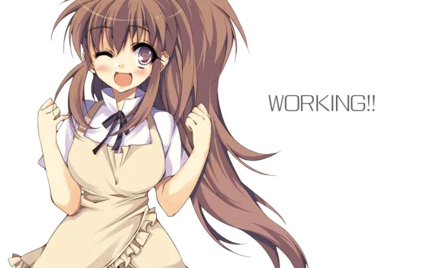 HD anime desktop wallpaper featuring a cheerful girl with long brown hair and an apron from the series Working!!, set against a white background with the title text.