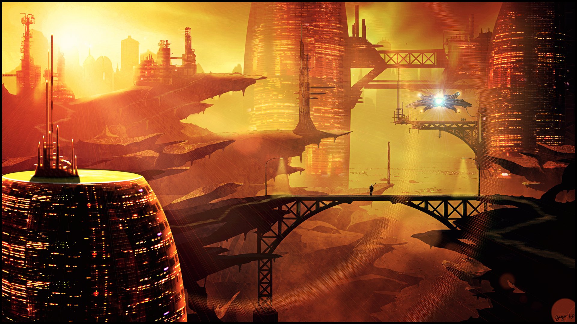 HD PC desktop wallpaper depicting a vibrant sci-fi city with towering futuristic buildings and flying vehicles glowing in a golden sunset.