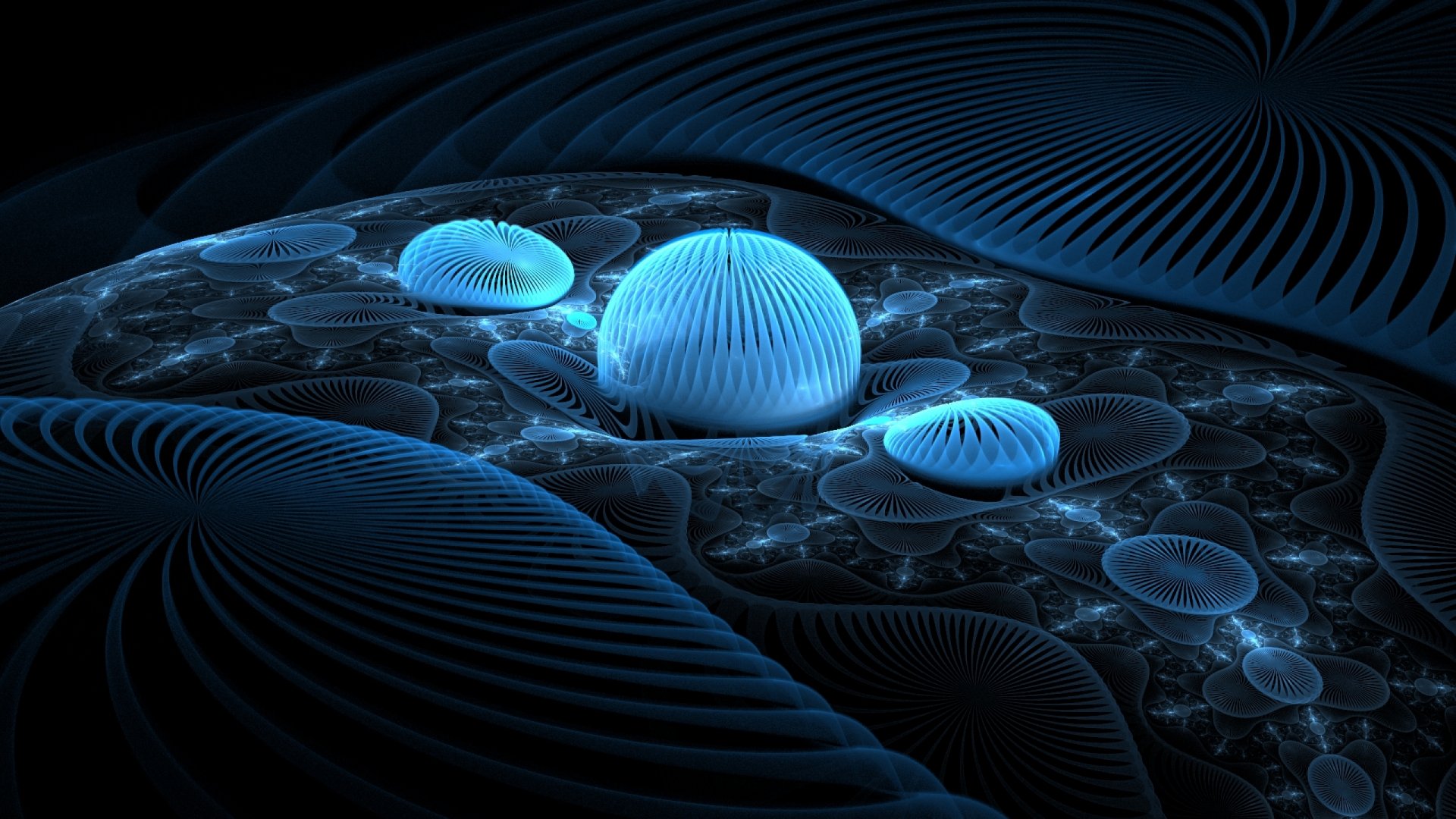 A captivating abstract fractal design featuring glowing blue orbs and intricate patterns, creating a visually striking HD desktop wallpaper.