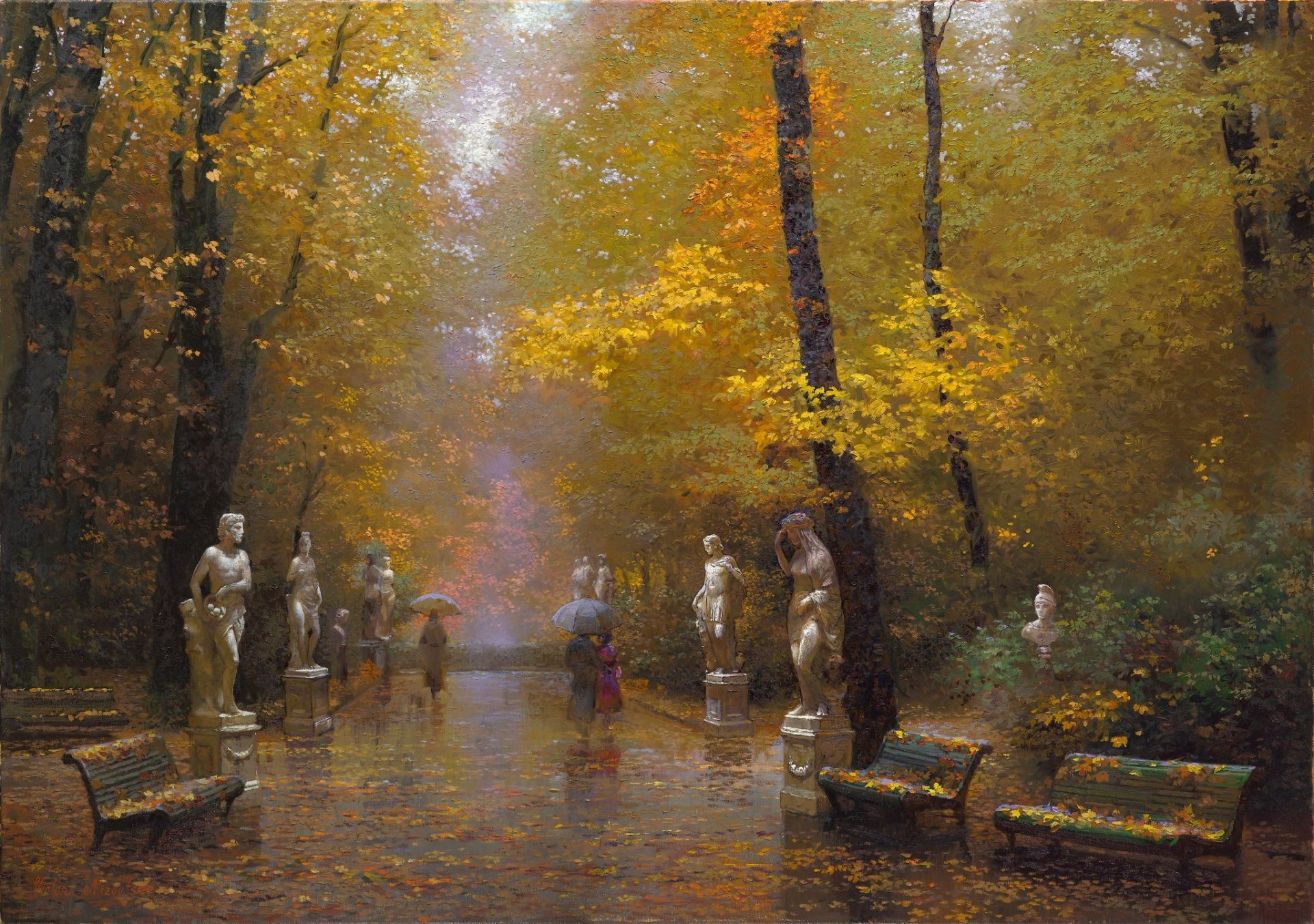 A serene autumn scene featuring a misty park with statues, vibrant foliage, and figures walking along a reflective path. This artistic painting serves as a captivating HD desktop wallpaper.