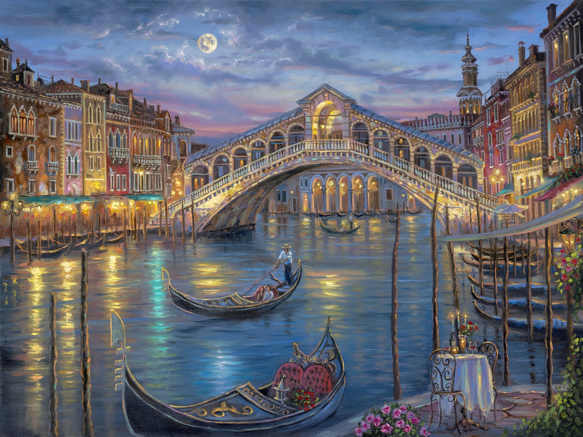 A beautiful artistic painting of the Rialto Bridge in Venice at night, featuring gondolas and illuminated buildings, creates a captivating HD desktop wallpaper and background.