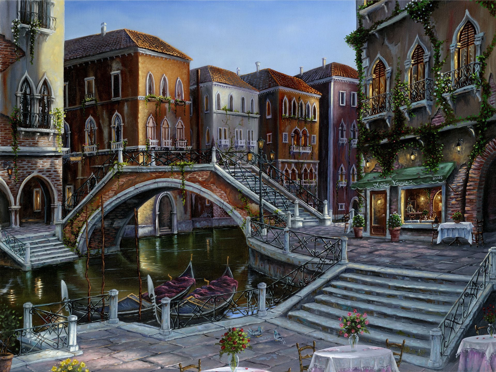 Artistic painting of a serene Venetian canal with arched bridges, historic buildings, and gondolas, designed as an HD PC desktop wallpaper background.