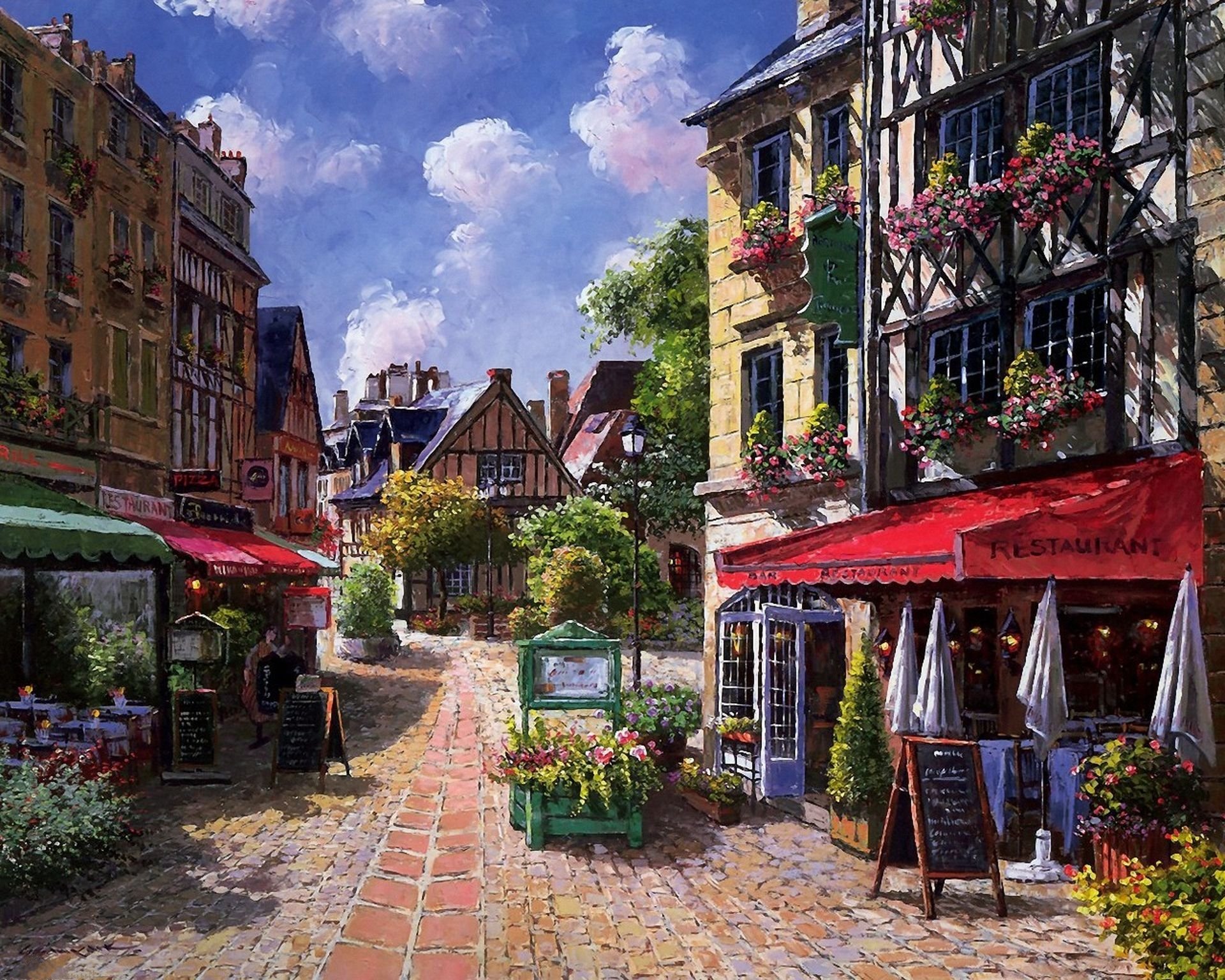 A vibrant, artistic painting of a quaint village street lined with charming shops and colorful flowers, providing an inviting atmosphere and captured in high-definition detail.