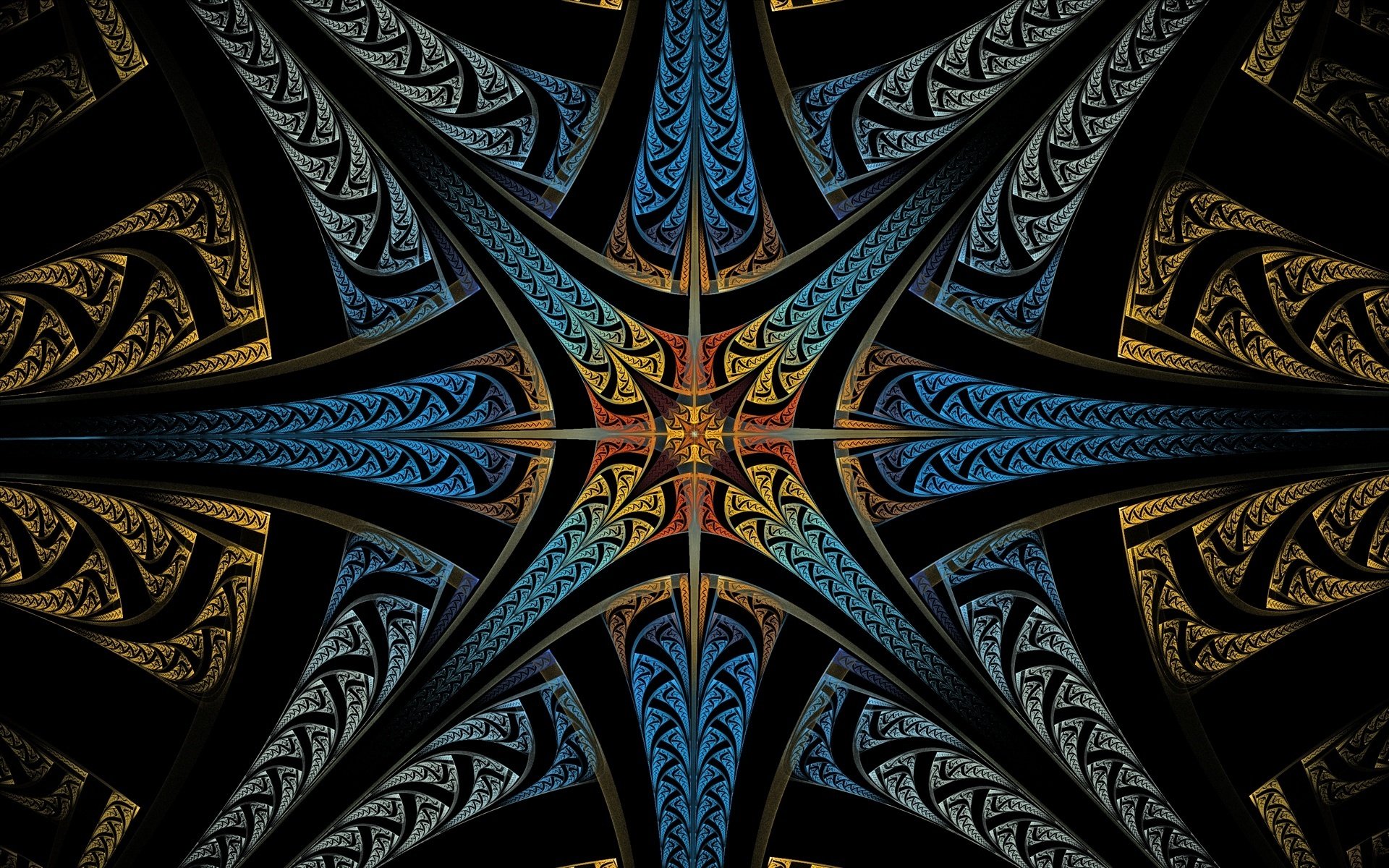 A vibrant, psychedelic abstract design featuring intricate fractal patterns in striking blues, golds, and blacks, creating a captivating HD desktop wallpaper.