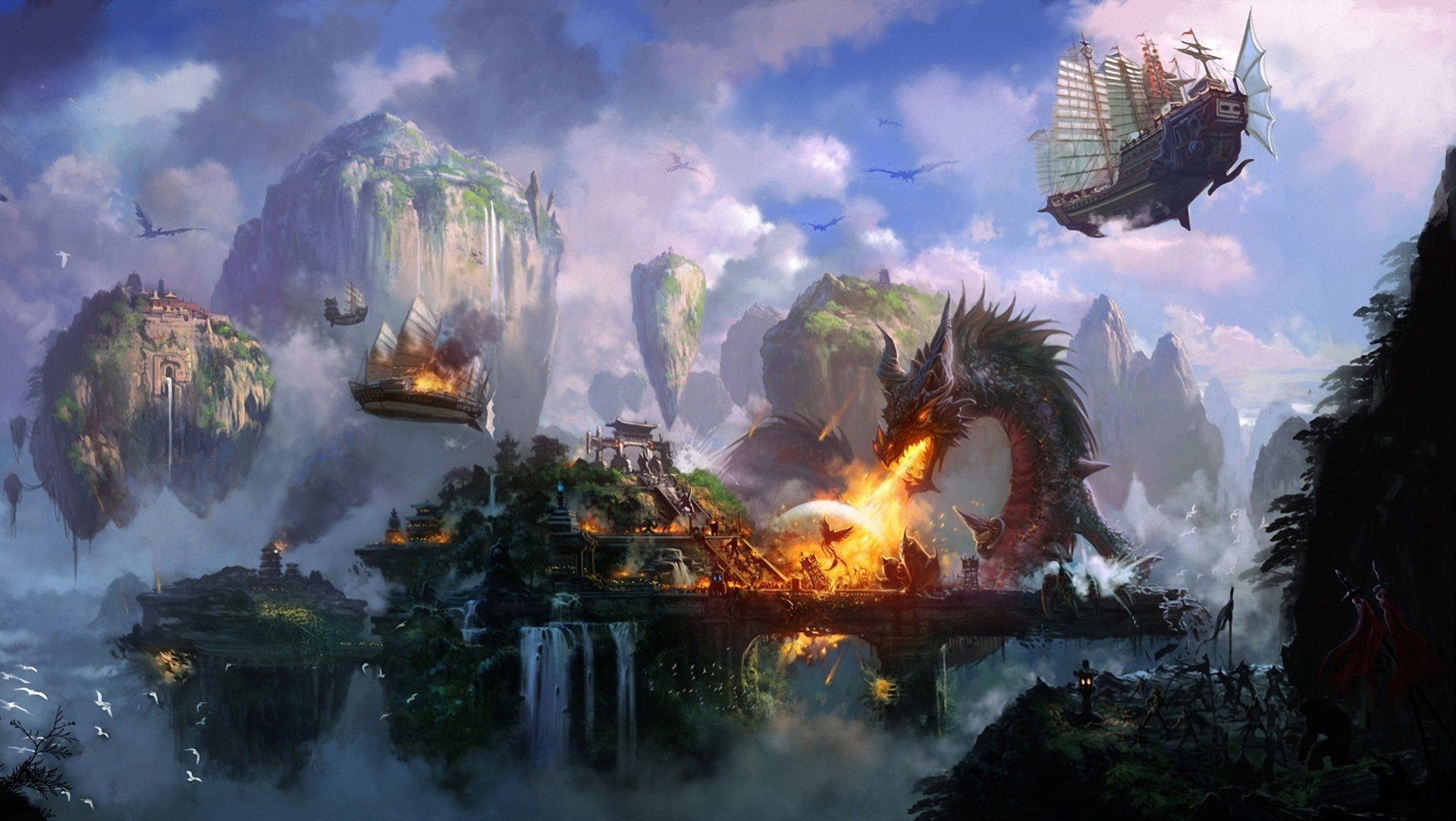A vibrant fantasy scene featuring a powerful dragon breathing fire, surrounded by floating islands and airships, making it an impressive HD PC desktop wallpaper.