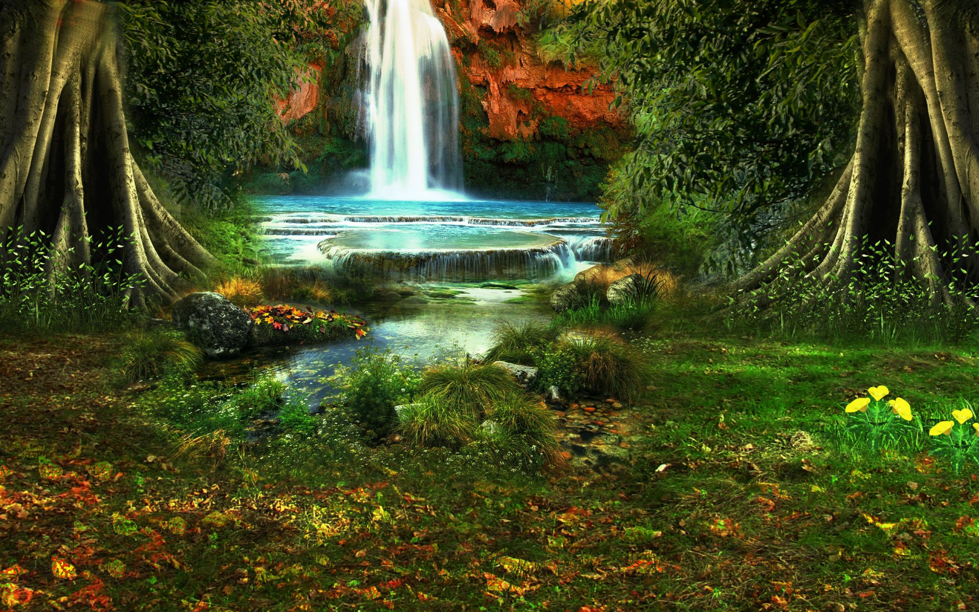 HD artistic desktop wallpaper of a vibrant earth scene featuring a lush forest and a cascading waterfall flowing into a serene pool surrounded by greenery.