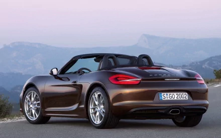 HD PC desktop wallpaper featuring a sleek brown Porsche Boxster convertible parked with mountain scenery in the background.