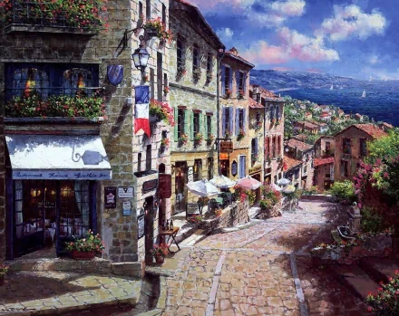 A vibrant artistic painting of a charming cobblestone street lined with quaint stone buildings, adorned with flowers and inviting cafés, set against a picturesque landscape. HD desktop wallpaper.