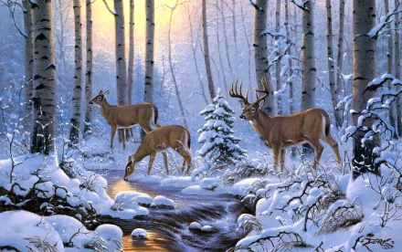HD PC desktop wallpaper showing a serene winter forest scene with three deer near a snow-covered stream surrounded by birch trees.
