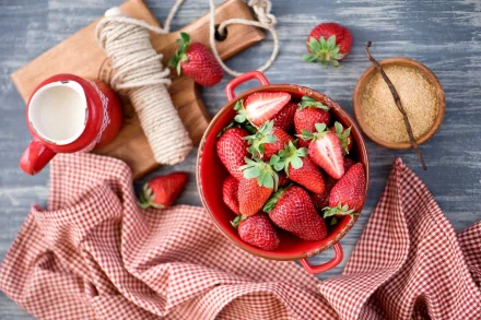 HD PC desktop wallpaper featuring fresh strawberries in a red pot, with a jug of cream, sugar bowl, and twine on a rustic wooden surface and checked cloth.