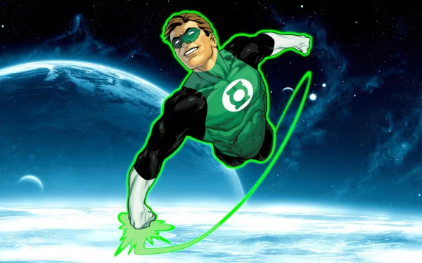 Hal Jordan, the Green Lantern from DC Comics, soars through space, his vibrant green aura illuminating the background of a cosmic scene. A striking HD wallpaper and background for fans.