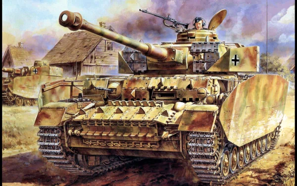 HD PC desktop wallpaper featuring a detailed military scene with a Panzer IV tank advancing through a village under a dramatic sky.