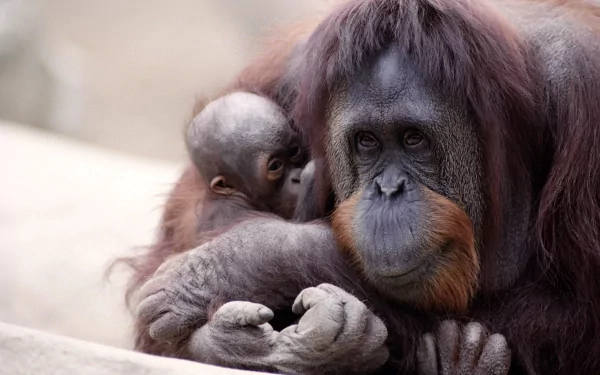 HD PC desktop wallpaper showing a close-up of a mother orangutan cradling her baby, capturing a tender moment between the two animals.