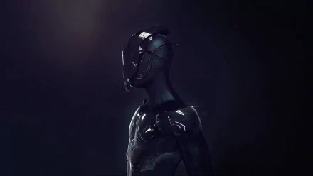 HD desktop wallpaper of a stylized figure with a sleek, futuristic design set against a dark, moody background.